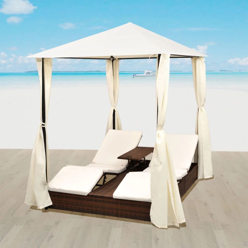 Double Sun Lounger With Curtains Poly Rattan Brown 42890