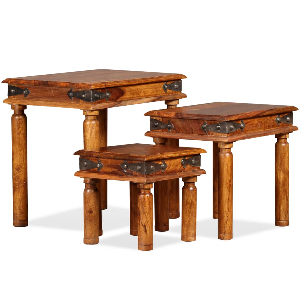 Nesting Table Set S Solid Sheesham Wood Brown 244355