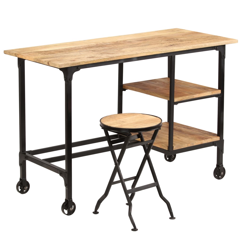 Desk With Folding Stool Solid Mango Wood Brown 245261