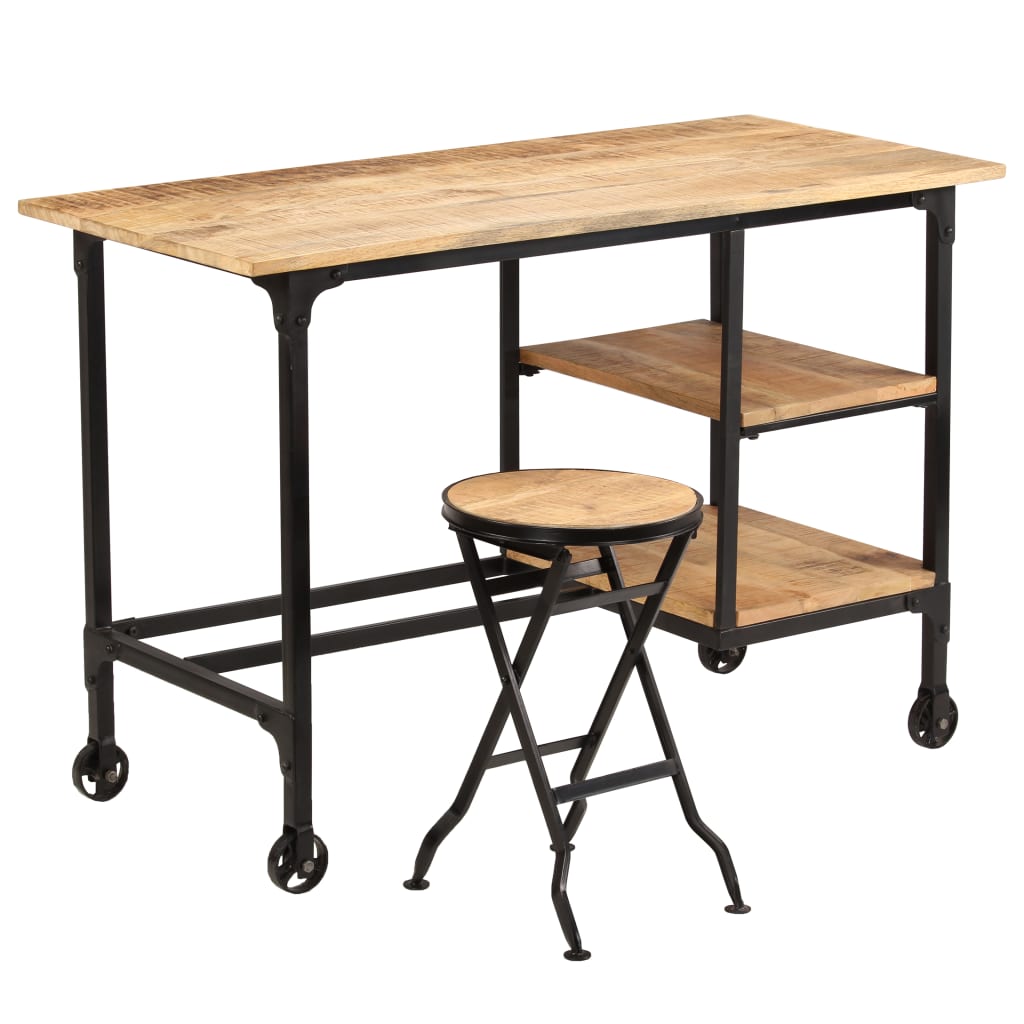 Desk With Folding Stool Solid Mango Wood Brown 245261