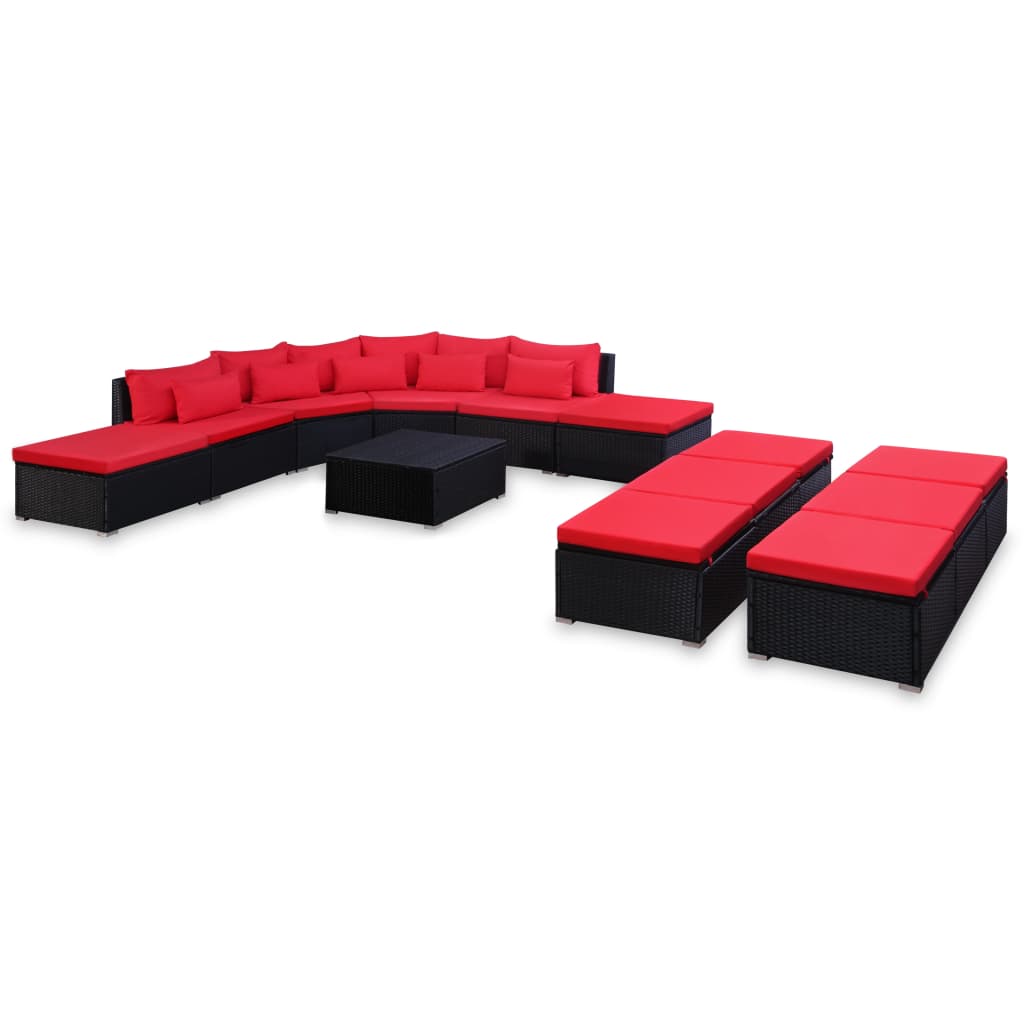 Patio Lounge Set With Cushions Poly Rattan Red Black 44203