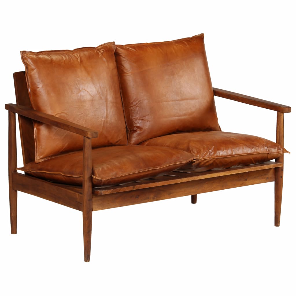 Seater Sofa Real Leather With Acacia Wood Brown 246482