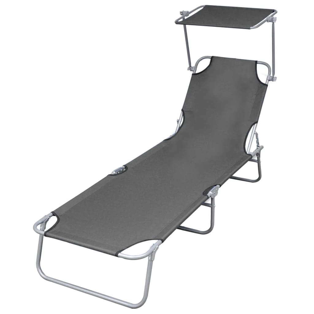 Folding Sun Lounger With Canopy Steel Gray Grey 44291