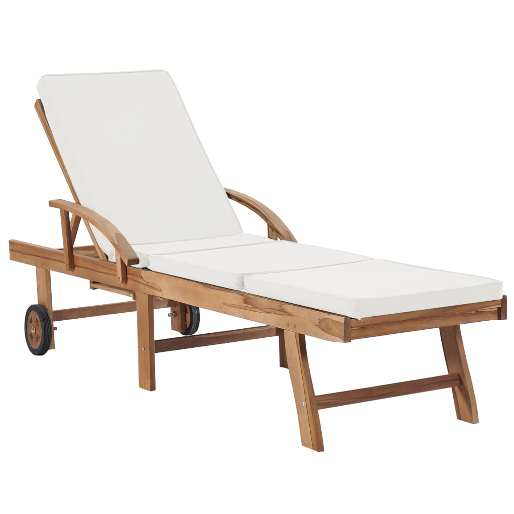 Sun Lounger With Cushion Solid Teak Wood Cream 48022