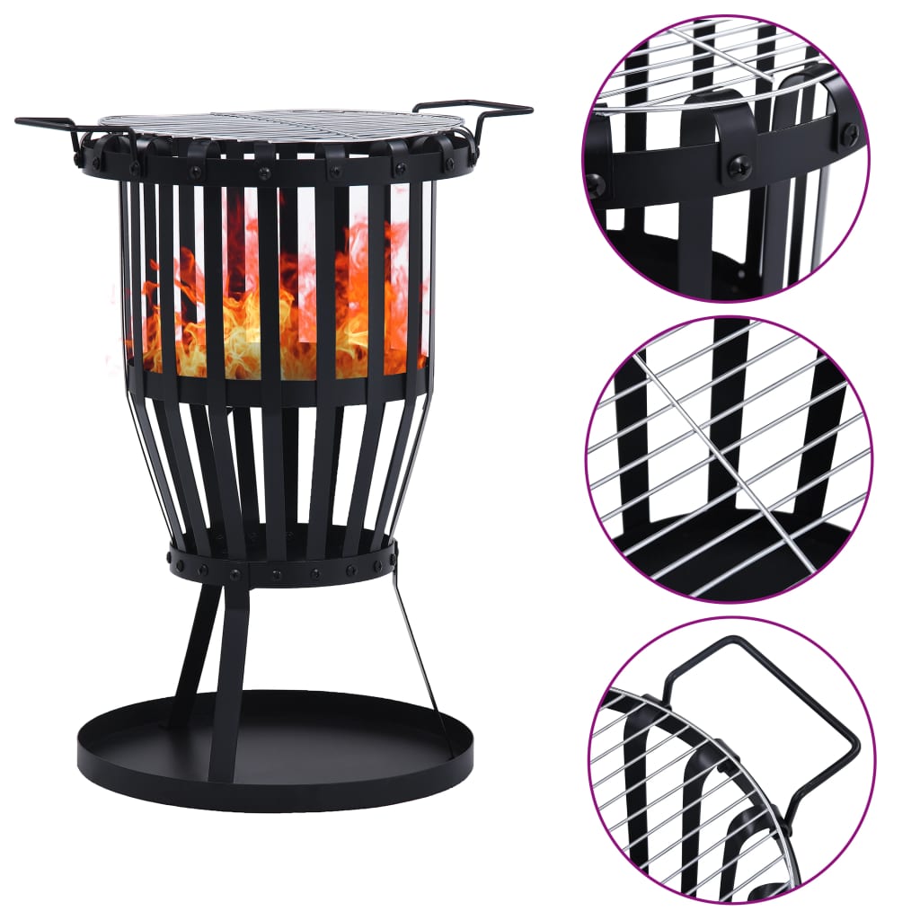 Garden Fire Pit Basket With Bbq Grill Steel Black 47851