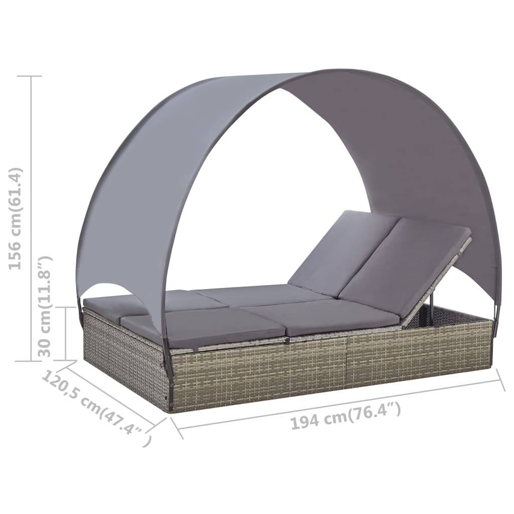 Double Sun Lounger With Canopy Poly Rattan Gray Grey 45776