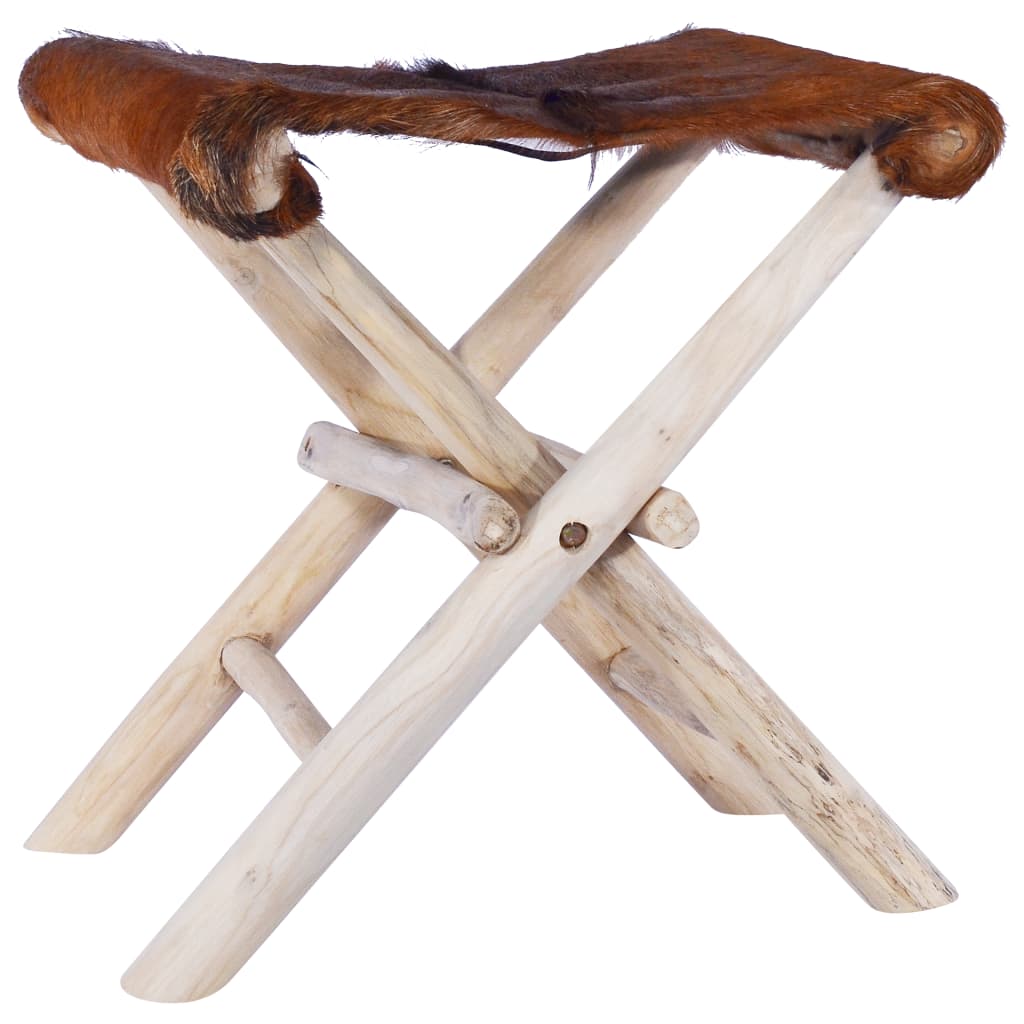 Folding Stool Real Leather And Solid Teak Wood Brown 288815
