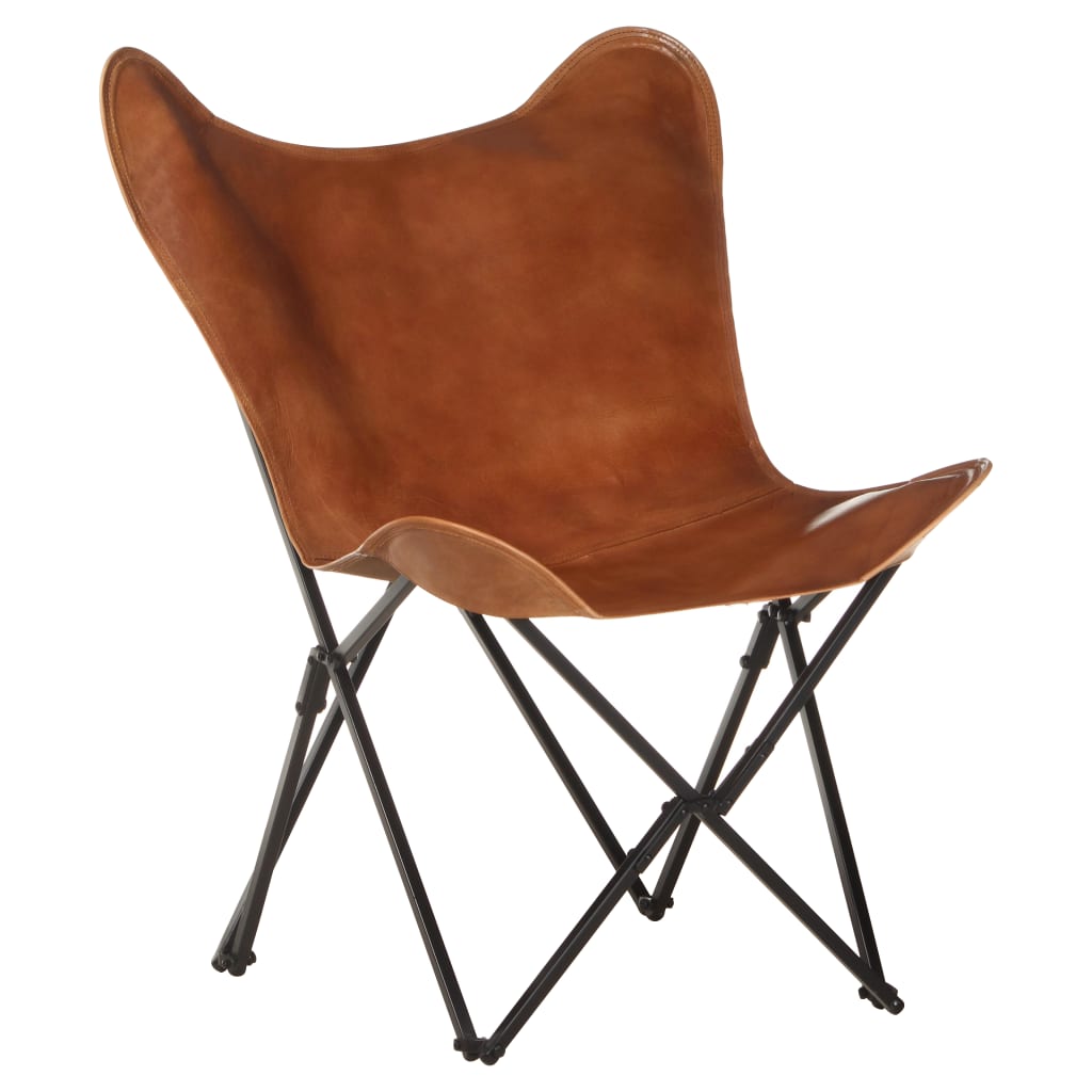 Foldable Butterfly Chair Real Leather Brown 323730