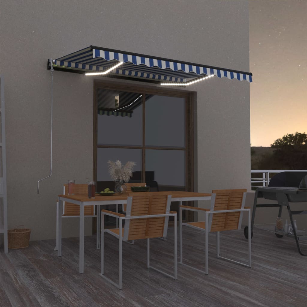 Manual Retractable Awning With Led And White Blue 3069101