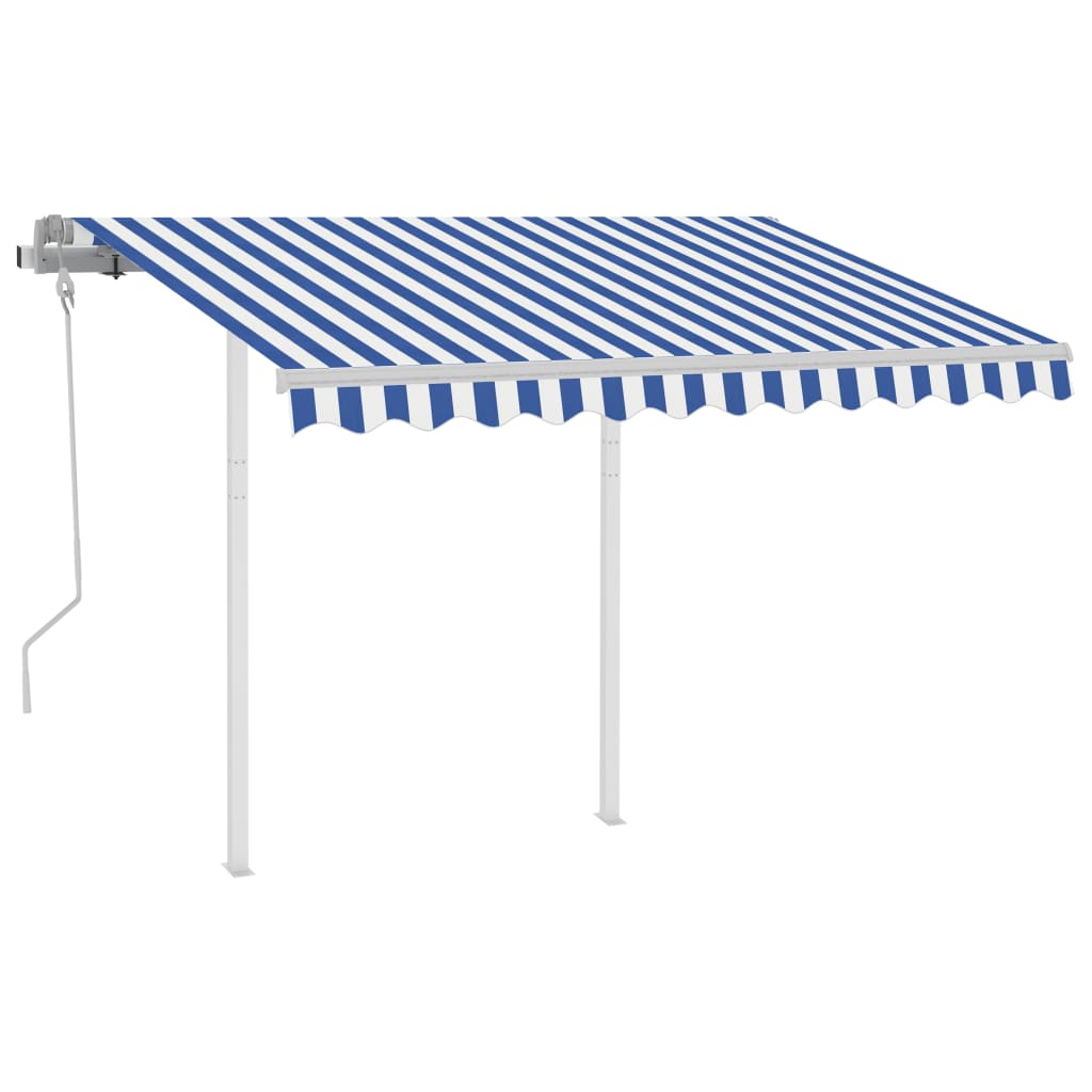 Manual Retractable Awning With Posts And White Blue 3069896