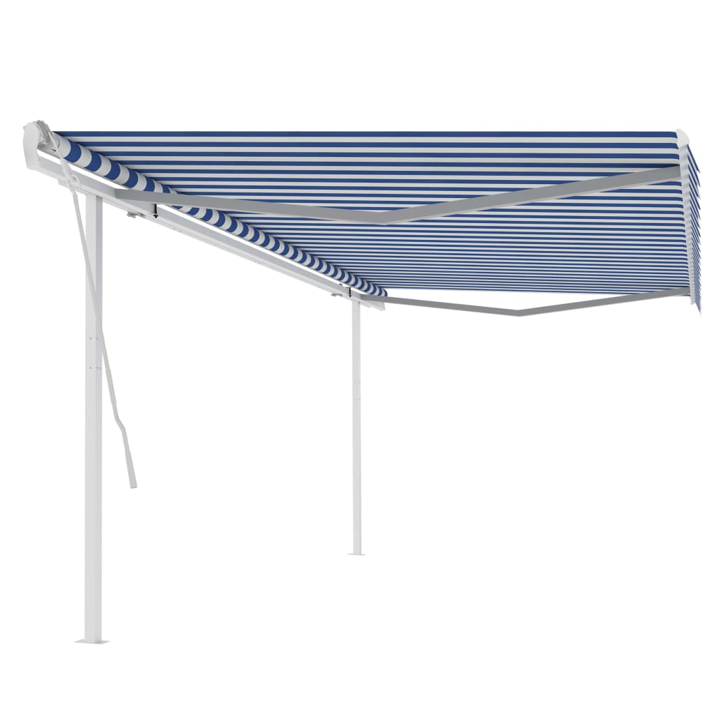 Manual Retractable Awning With Posts And White Blue 3069976