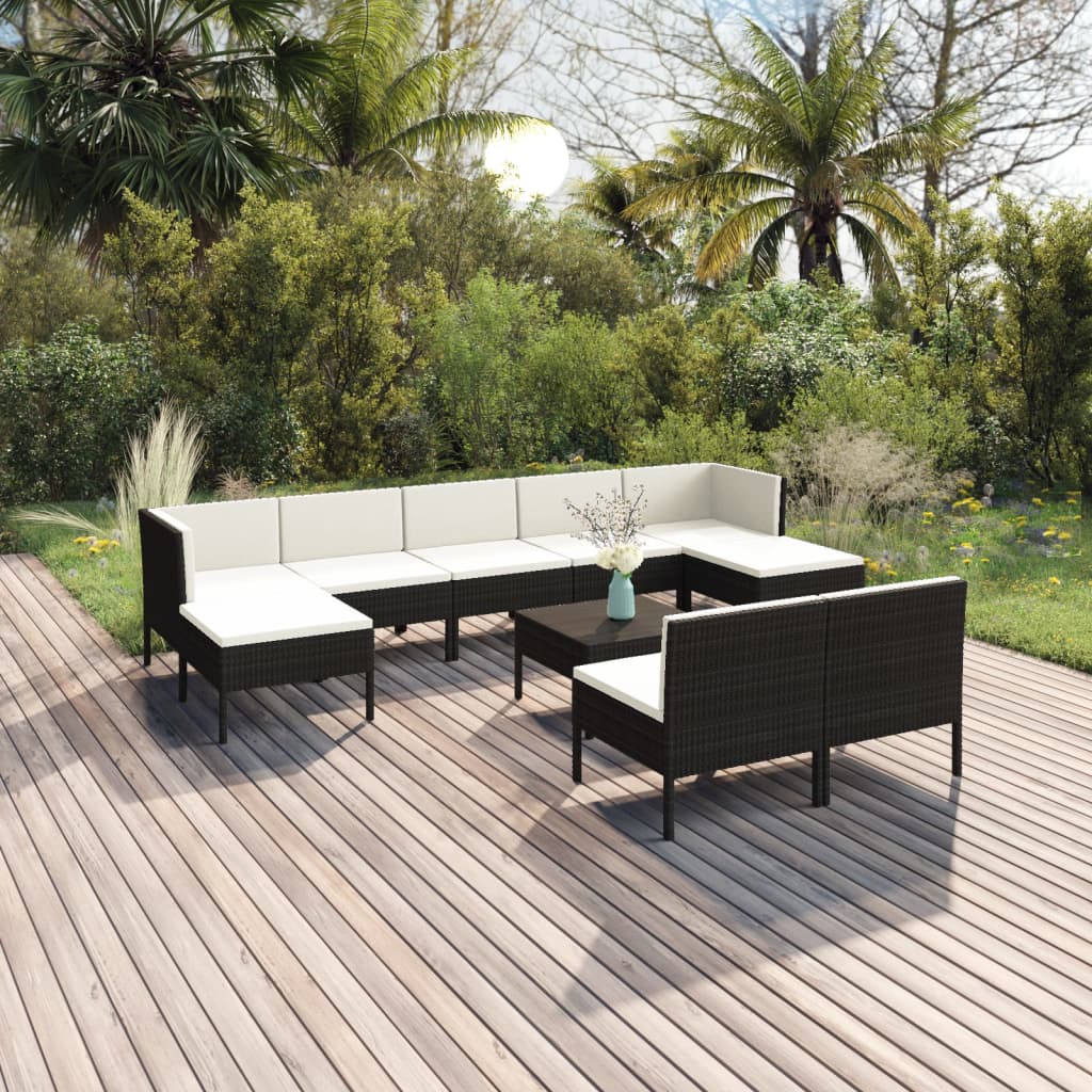 Patio Lounge Set With Cushions Poly Rattan Black 3094552